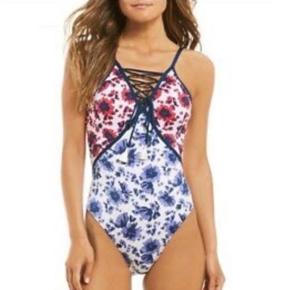 Gibson Latimer Plunge One Piece Floral Lace Up Swi